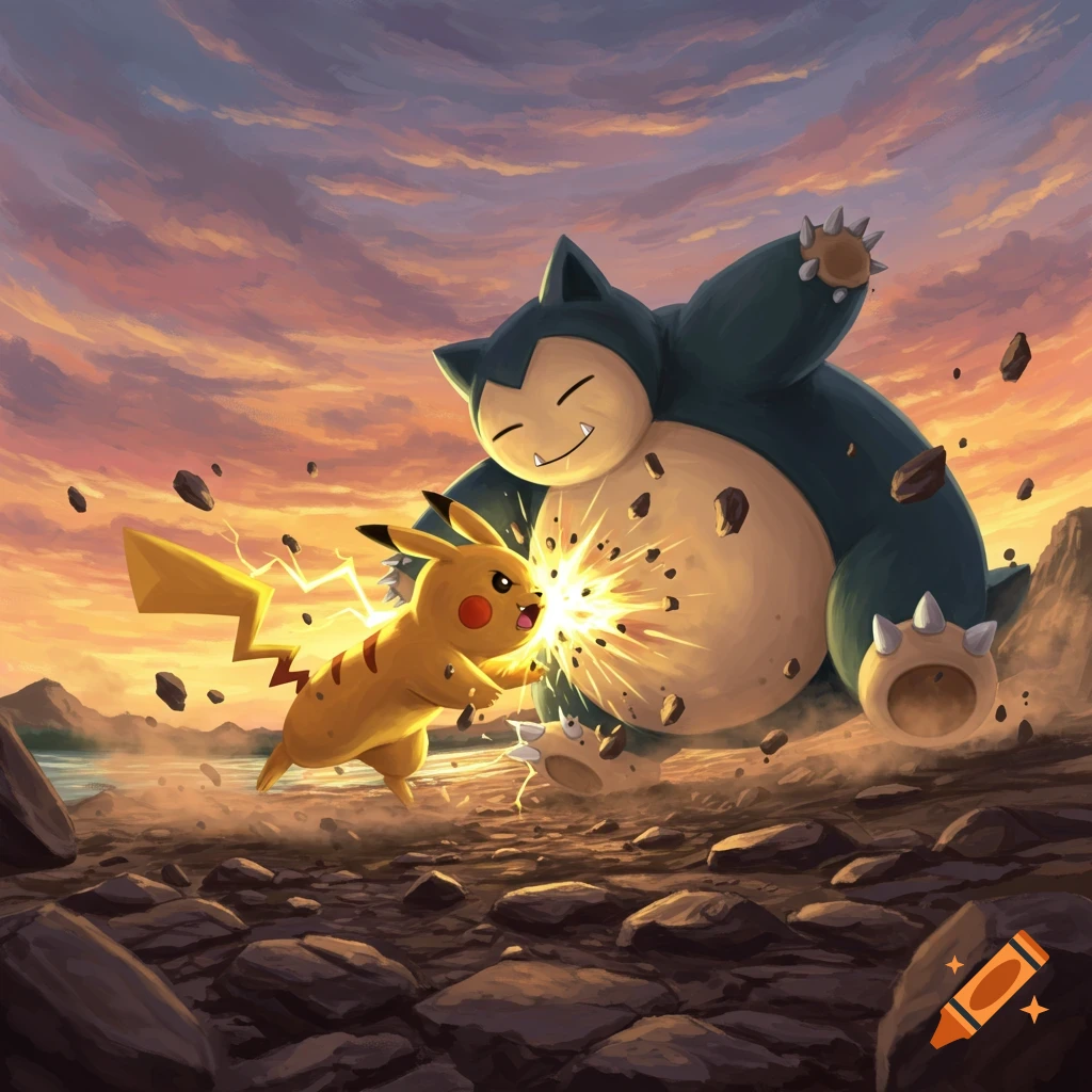 Pikachu attacks Snorlax with an electric punch, causing an explosion of light and debris in a rocky landscape at sunset.