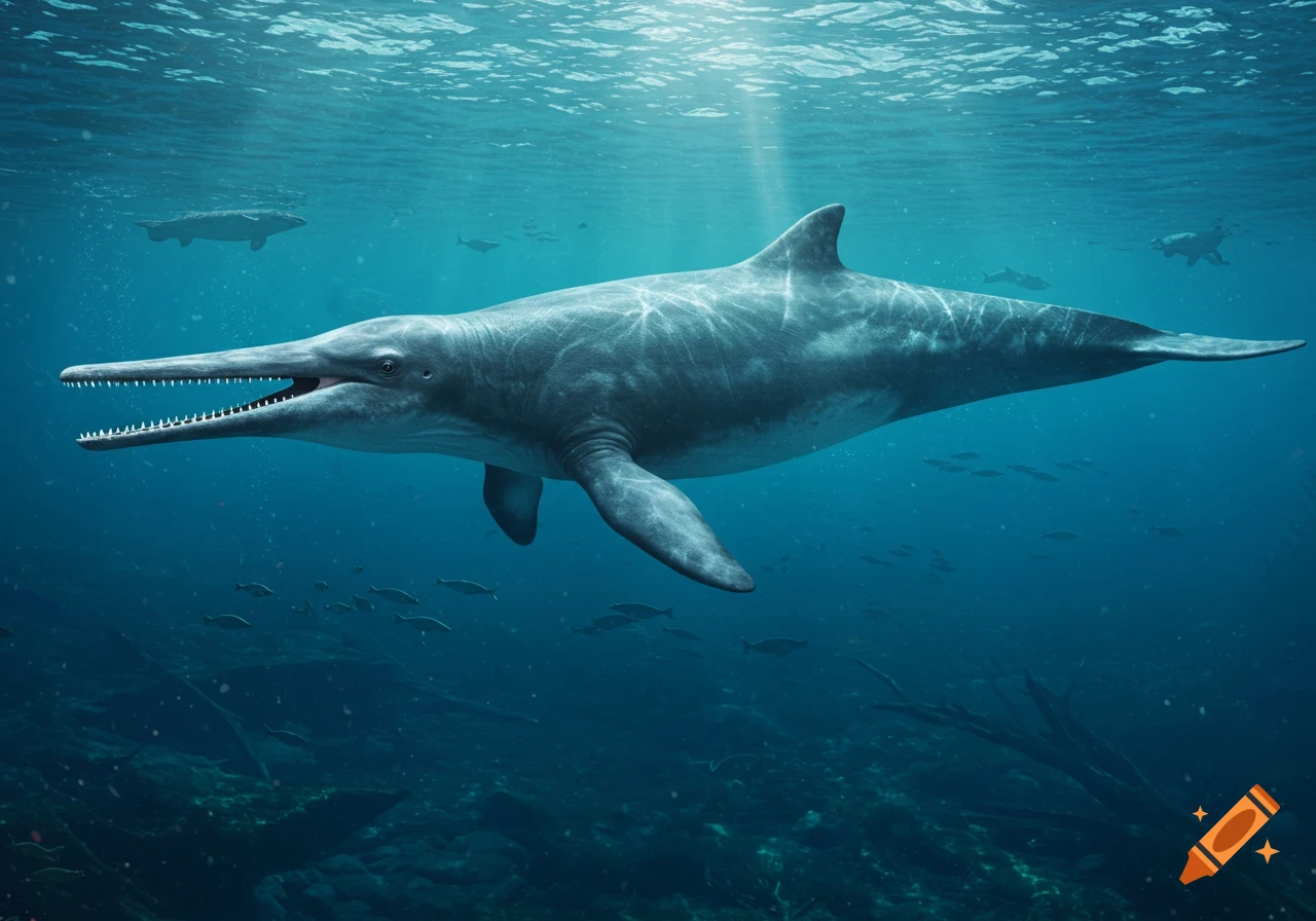 An ultra-realistic depiction of a Dorudon, a prehistoric whale, swimming in deep, clear ocean waters with sun rays.