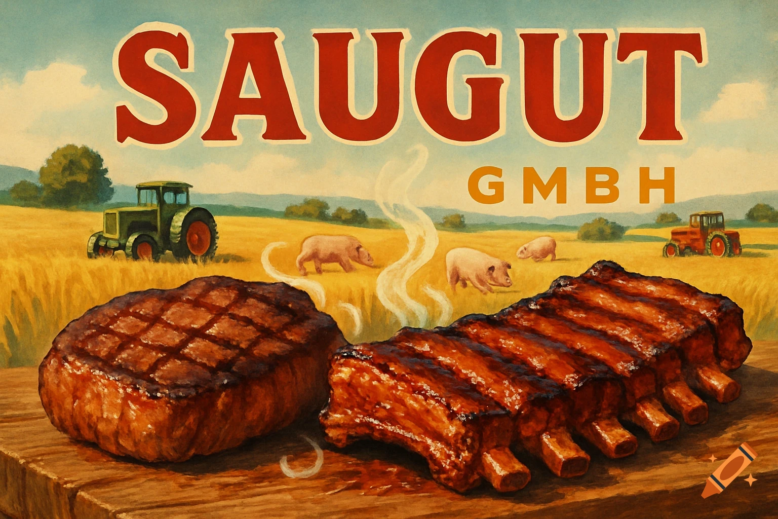 Vintage poster art of a grilled steak and ribs in the foreground with steam, and pigs, tractors, and fields in the background under the text "SAUGUT GMBH".