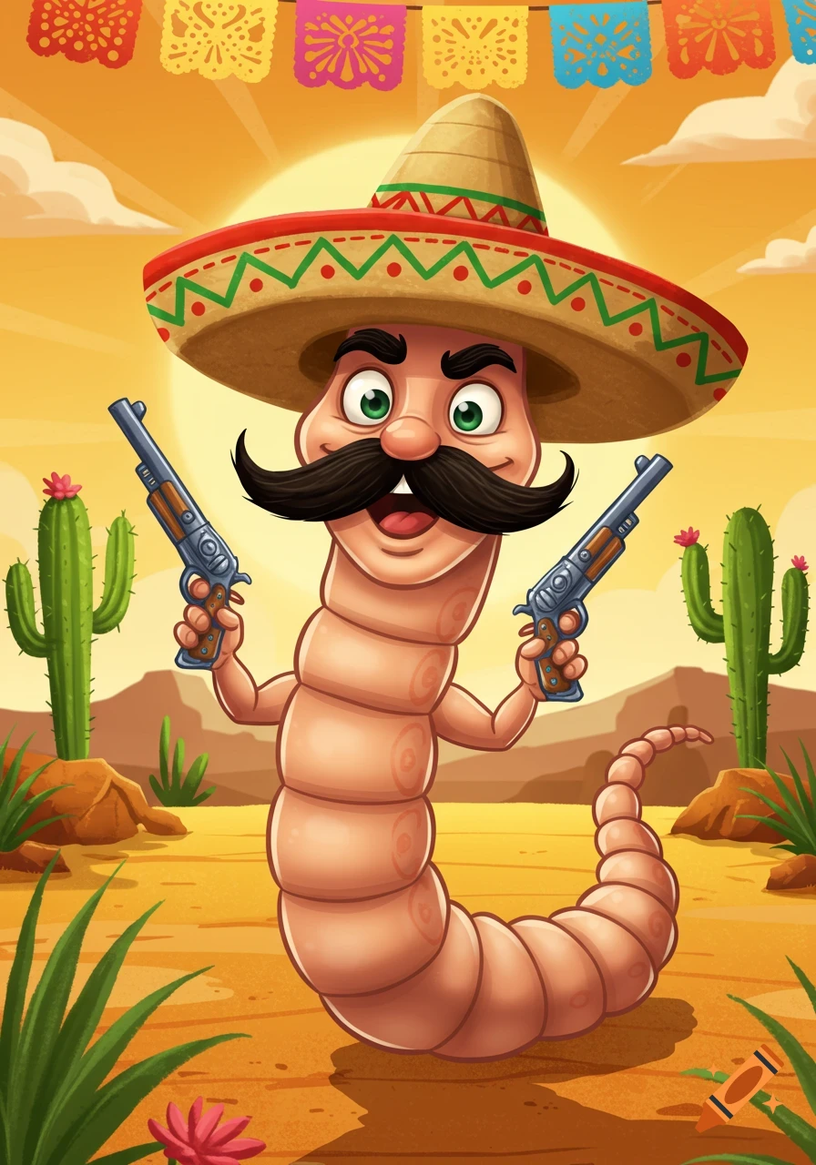 A cartoon worm with a mustache and sombrero holding two pistols in a desert landscape with cactuses and festive banners.