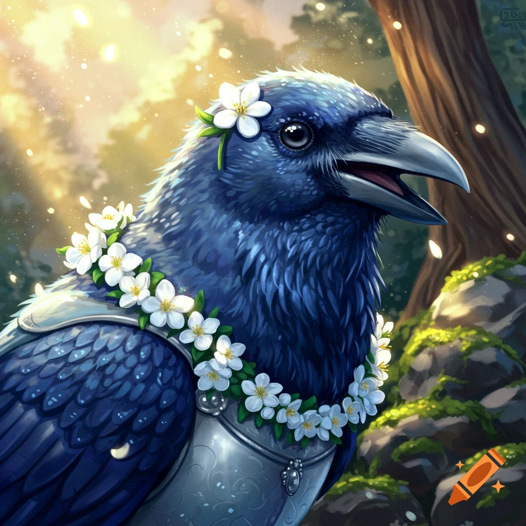 A happy blue crow with pearly feathers, wearing a white flower and a flower garland over medieval armor in a sunny forest setting.