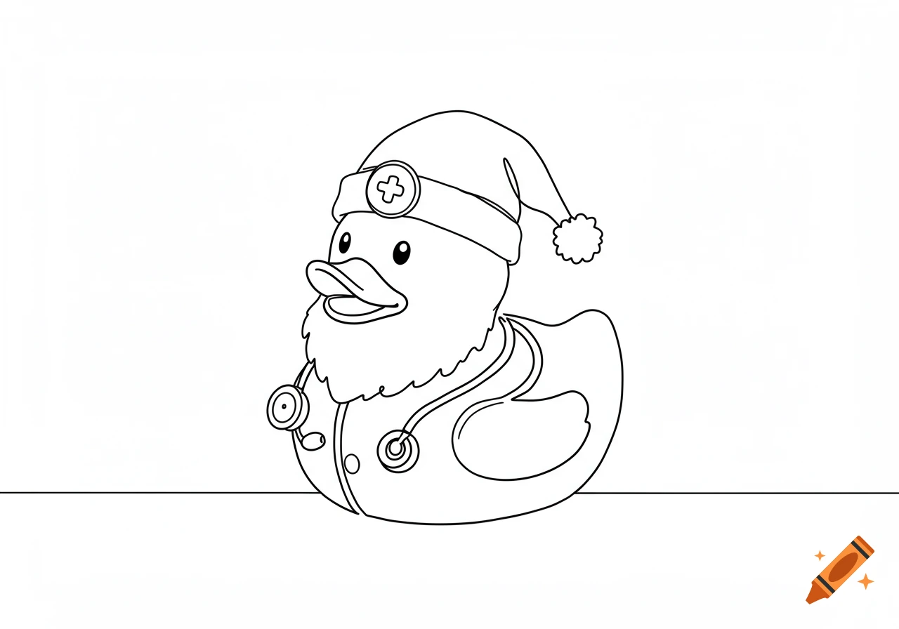 Line drawing of a rubber duck dressed as Santa with a white beard, a Santa hat with a cross symbol, and a stethoscope.