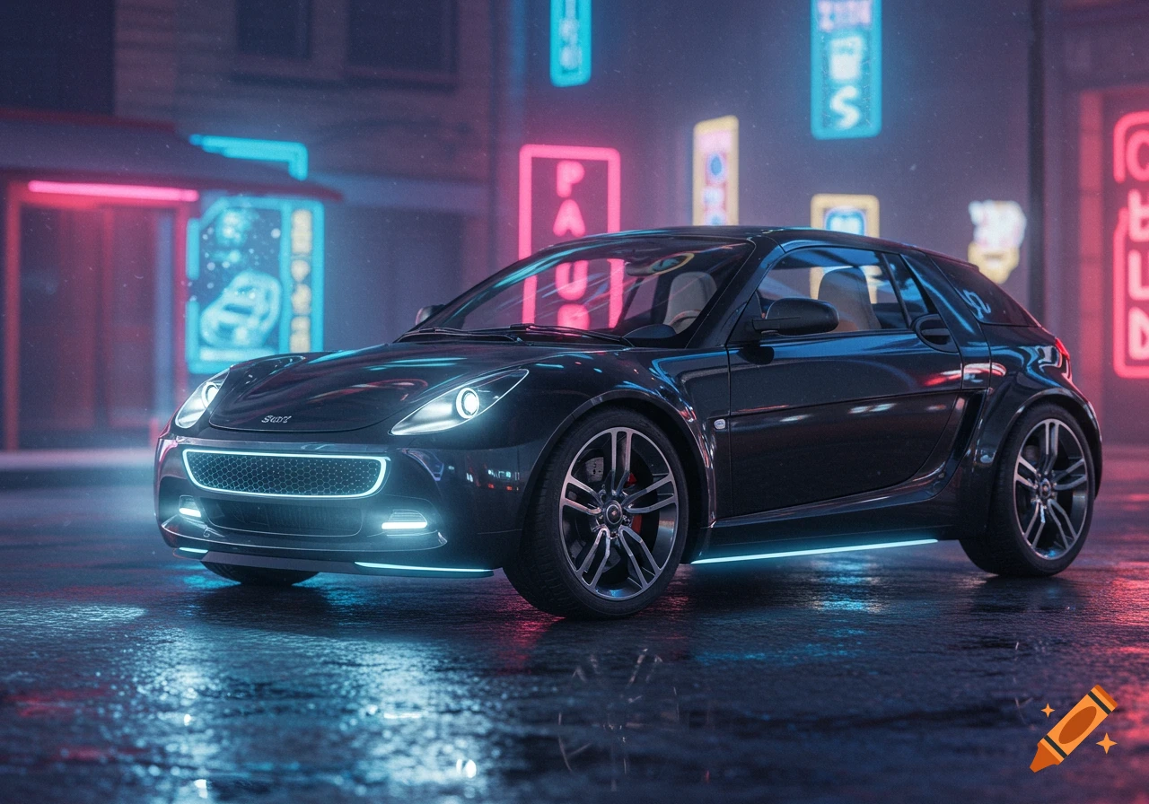 A black Smart roadster with glowing blue trim sits on a wet city street at night, illuminated by pink and blue neon signs.