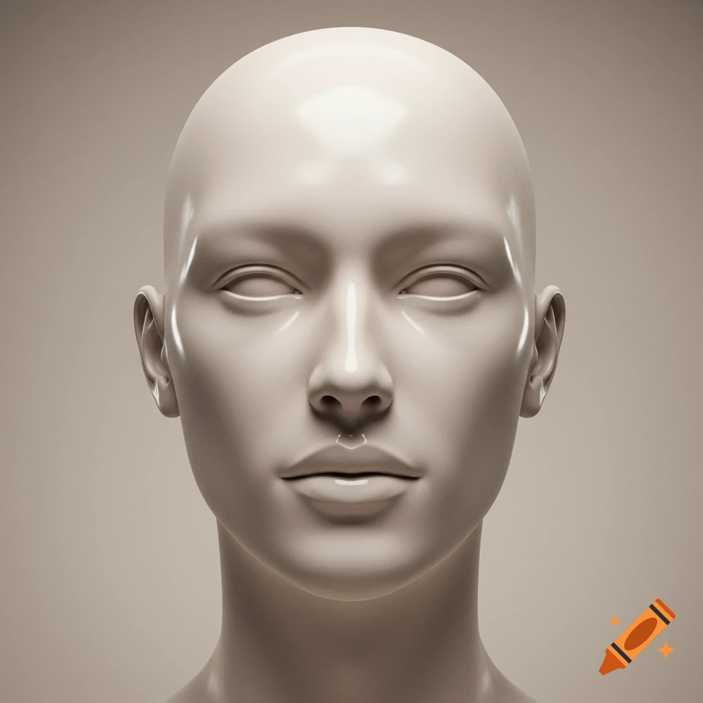 A smooth, blank, featureless mannequin head against a light background.