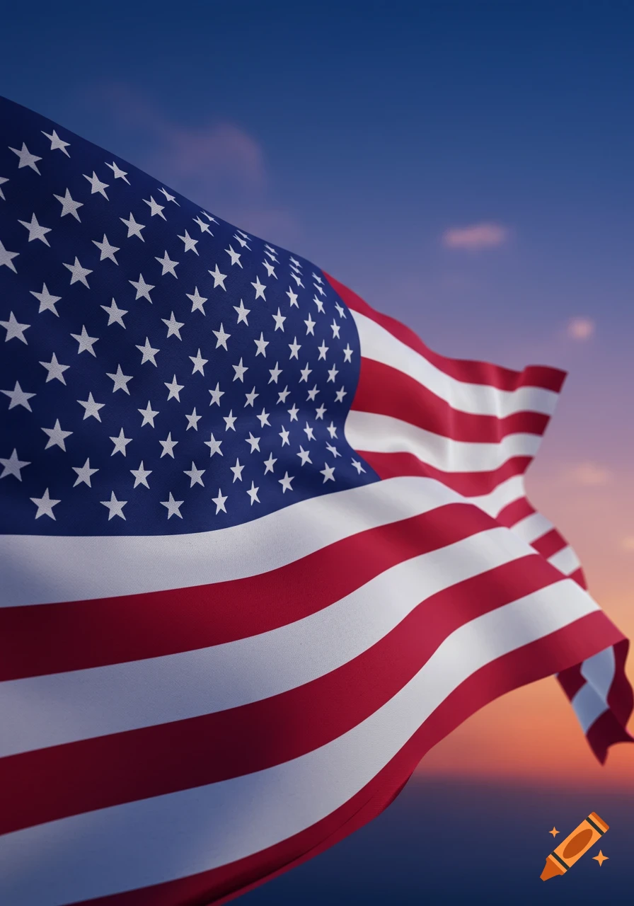 A photorealistic American flag with many stars waving against a colorful sunset sky.