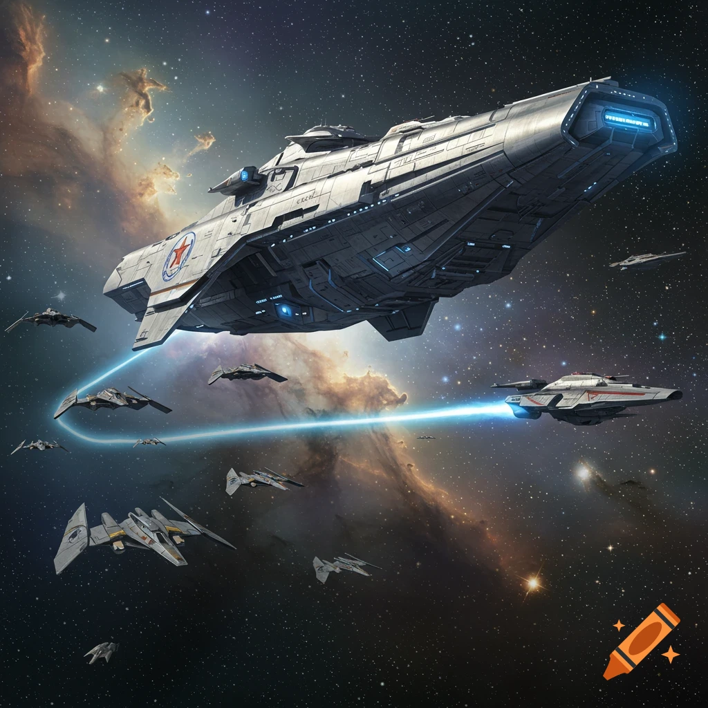A large grey spaceship leads a fleet of smaller ships through space with a blue energy trail and nebula.