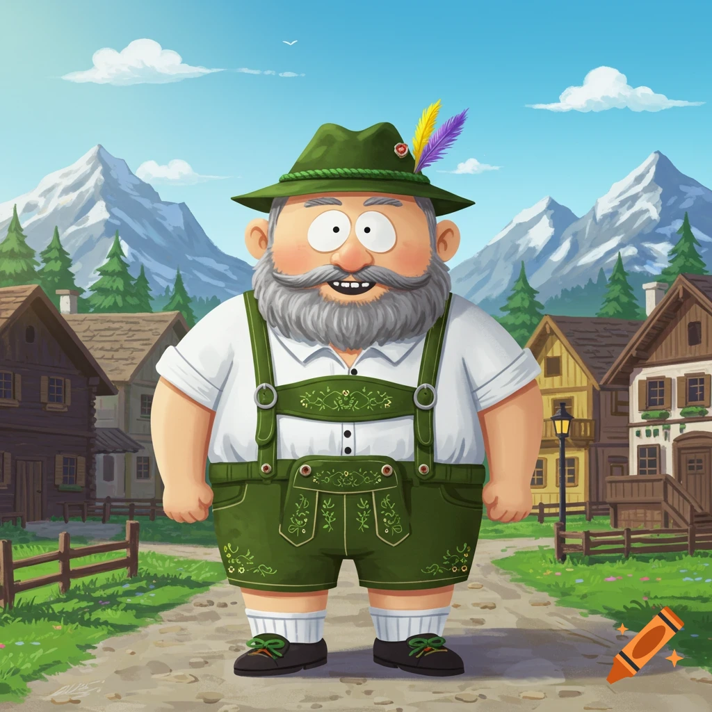 A cartoon man in a green hat with feathers and green lederhosen stands on a path in a mountain village.