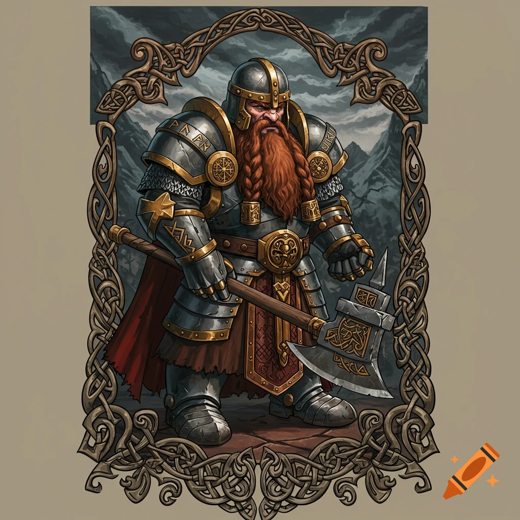A richly armored dwarf warrior with a braided red beard and a horned helmet stands holding a large axe, framed by intricate Celtic knotwork.