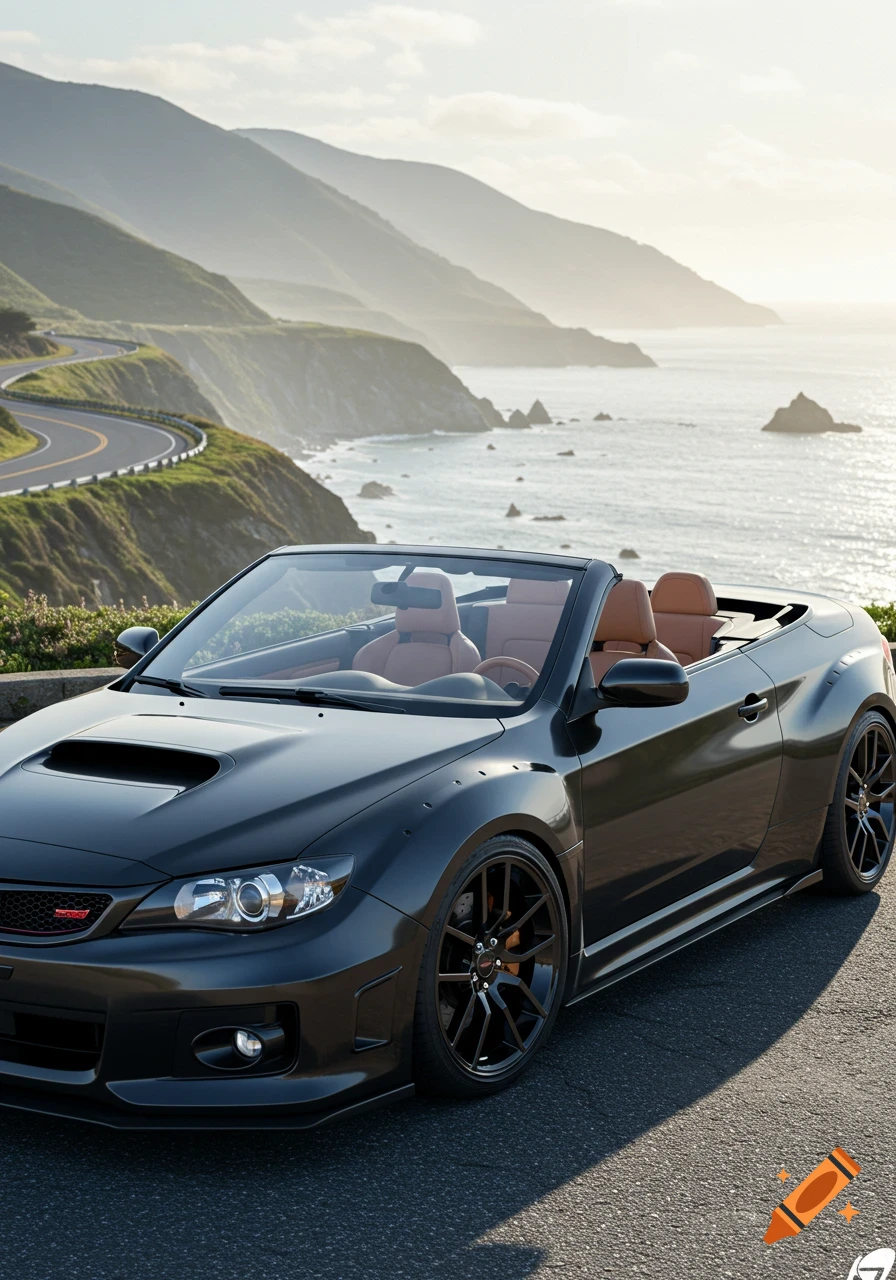 A black Subaru Impreza convertible with a tan interior is parked on a winding coastal road overlooking the ocean and mountains.