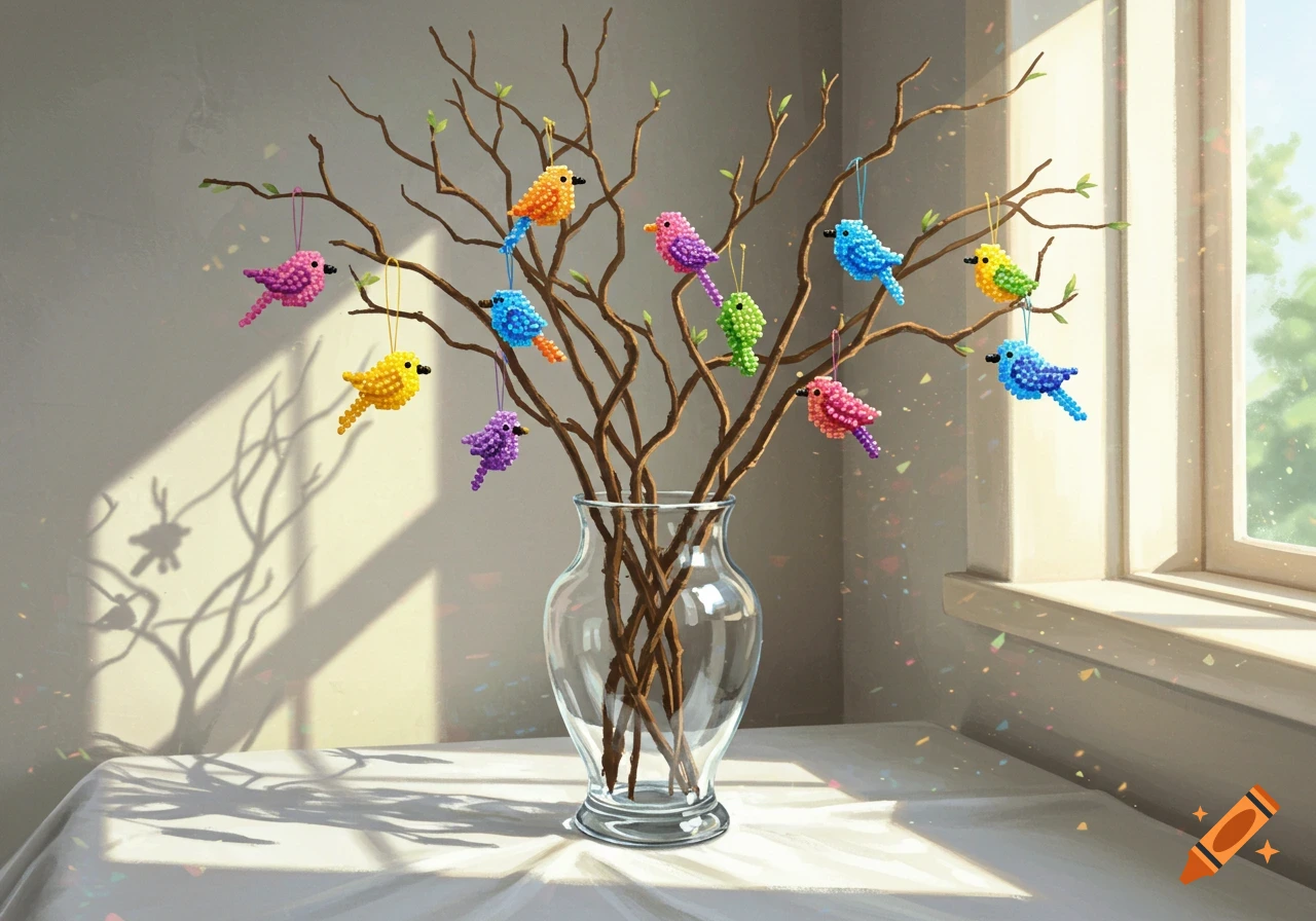Colorful beaded bird ornaments hang from bare branches in a glass vase, placed on a white tablecloth by a sunlit window.