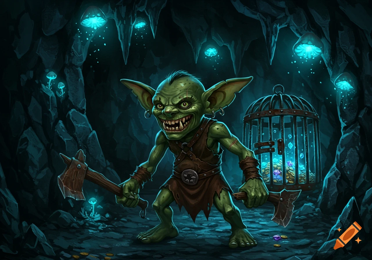 A menacing green goblin with two axes grins in a dark cave with glowing blue mushrooms and a cage full of gems.