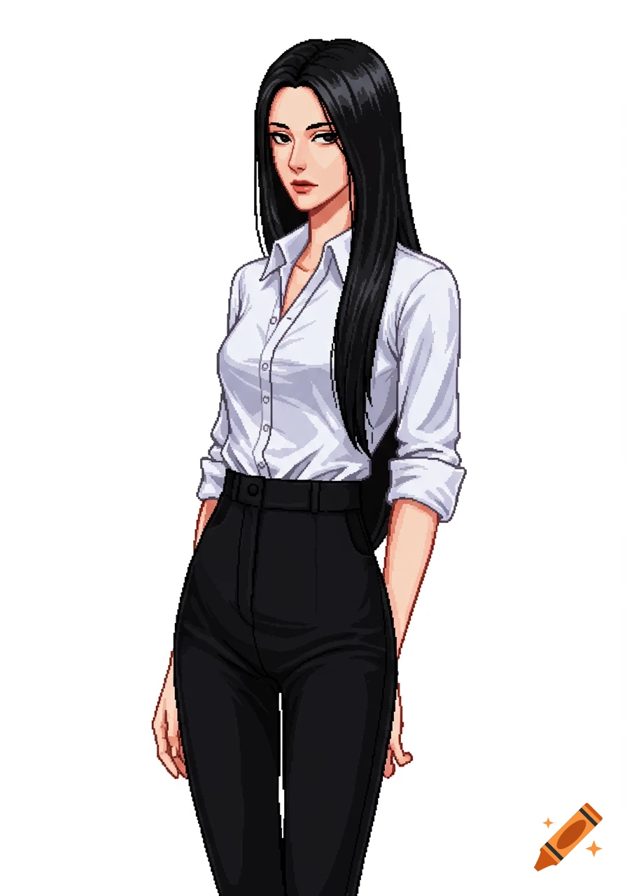Pixel art of a young woman with long black hair, wearing a white shirt and black high-waisted pants, with a cool expression.