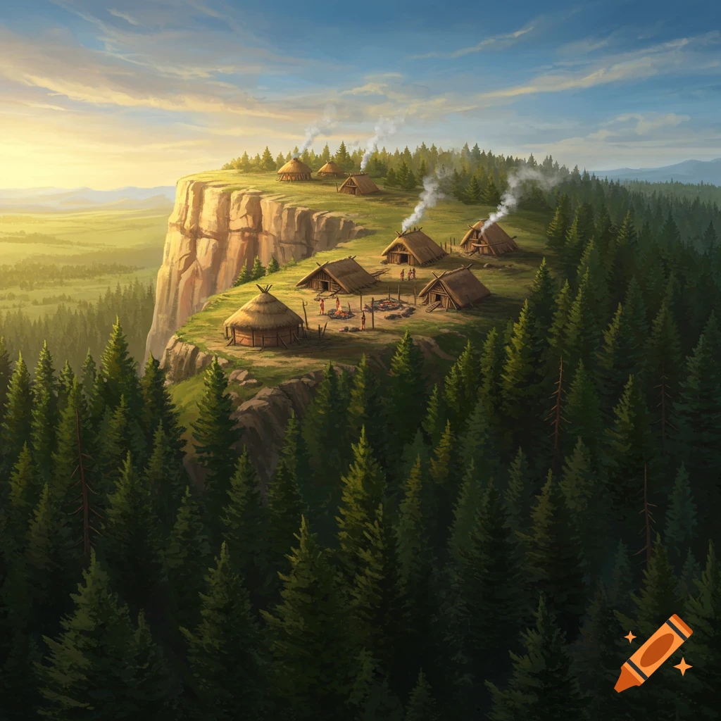 An illustrated view of a Bronze Age village on top of a tall, forested mesa, surrounded by lush green trees under a sunny sky.