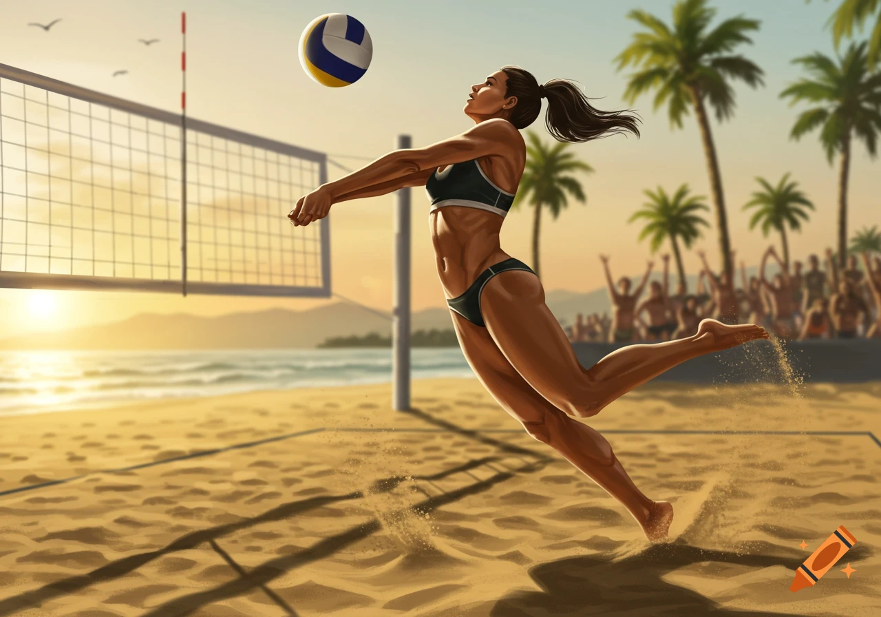 Illustrated art of a female beach volleyball player in a bikini hitting a ball on a sunny court with palm trees and spectators.
