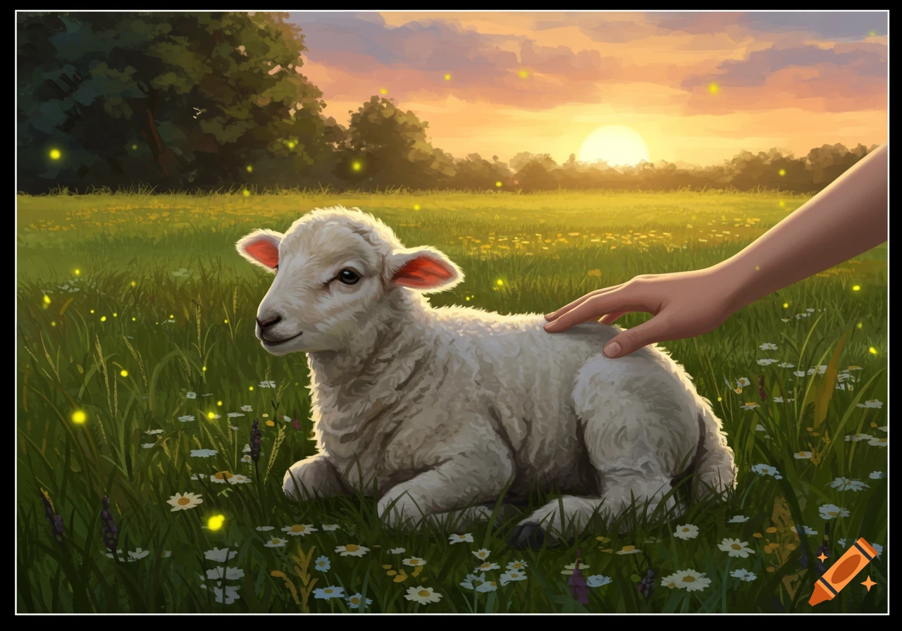 A stylized illustration of a white lamb lying in a green field with daisies, as a hand gently pets its back. A golden sunset glows in the background with fireflies.