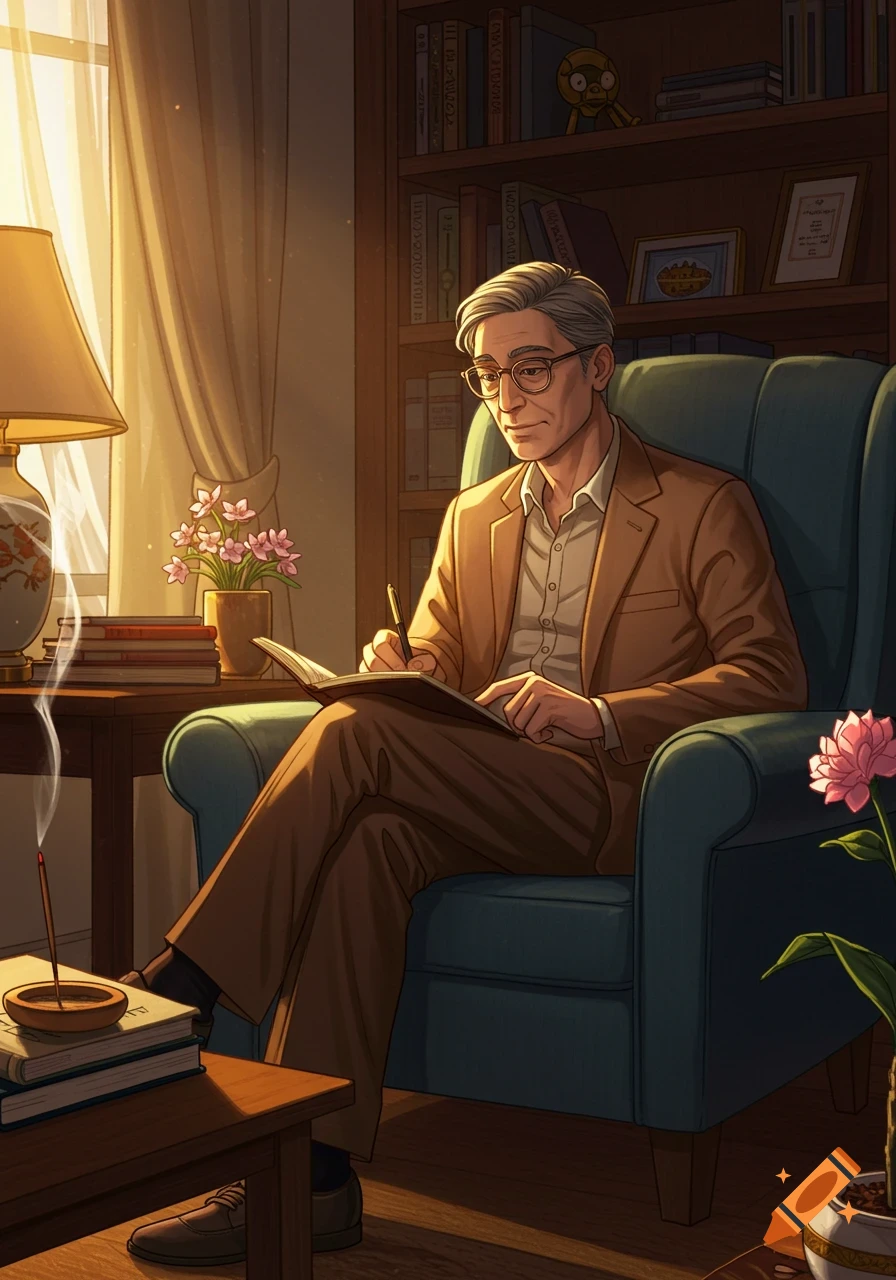 A man with grey hair and glasses sits in an armchair, writing in a book. He is in a cozy room with bookshelves and a window.
