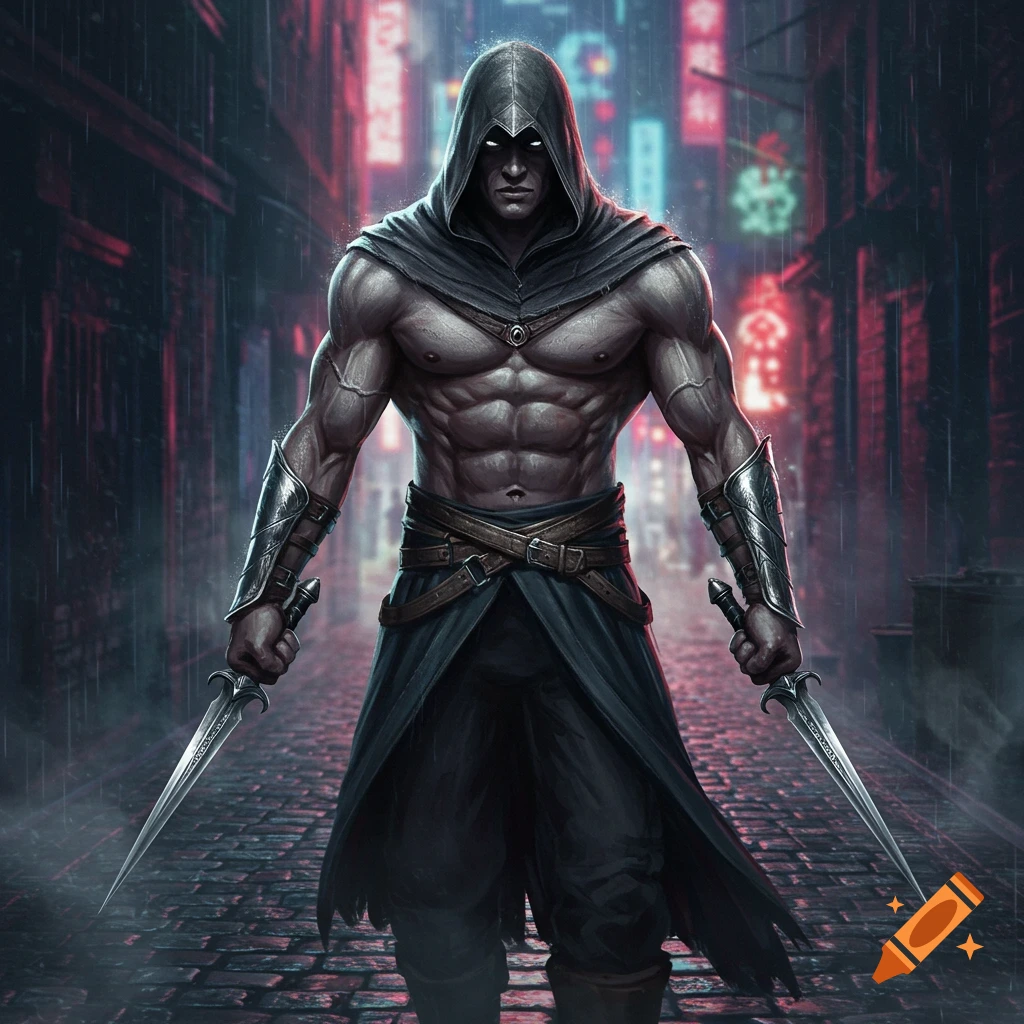 Muscular hooded assassin with glowing eyes holding dual daggers in a dark, rainy cyberpunk alley with neon signs.
