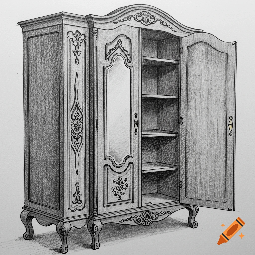 Pencil sketch of an ornate antique wooden wardrobe with an open door, revealing interior shelves.