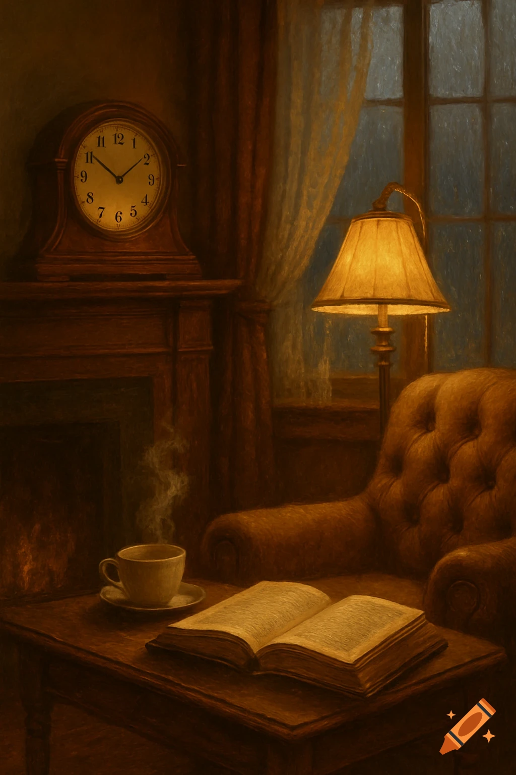 A warm, painterly scene of a cozy reading nook with a lit lamp, an open book, a steaming teacup, a clock, and a fireplace, with rain visible outside a window.
