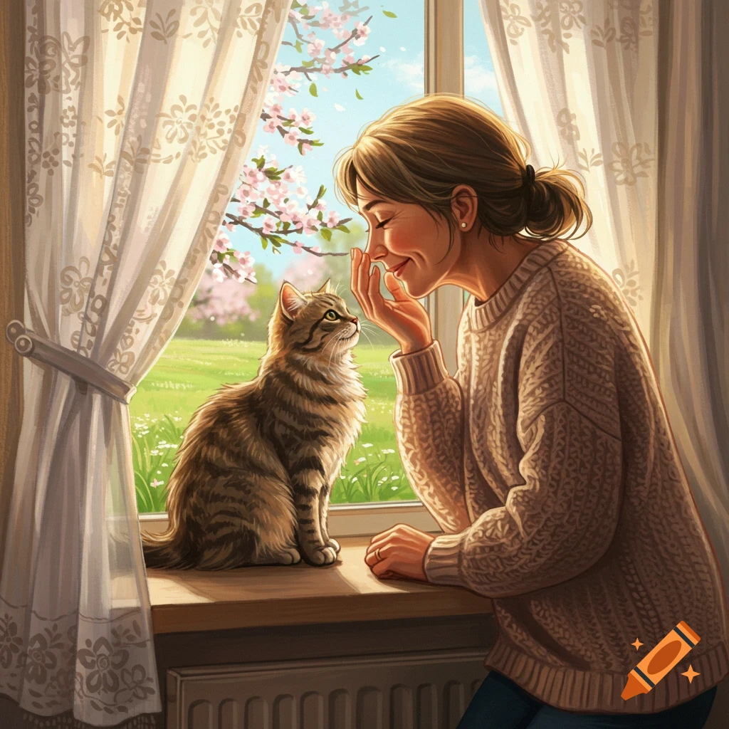 A woman with a warm smile leans toward a tabby cat sitting on a sunlit windowsill, with spring blossoms visible outside.