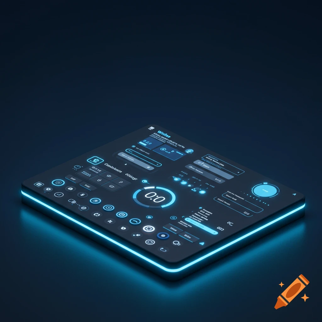 A futuristic, isometric UI screen glowing blue on a dark background, showing various controls and data.