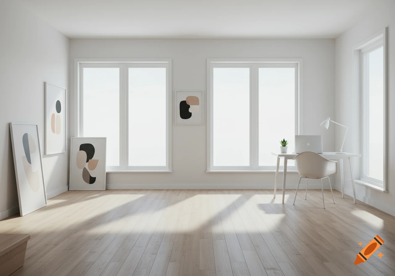 A bright, minimalist room with light wood floors, white walls, and large windows. Abstract art hangs and leans against one wall, while a white desk with a laptop, plant, and lamp sits by another window.