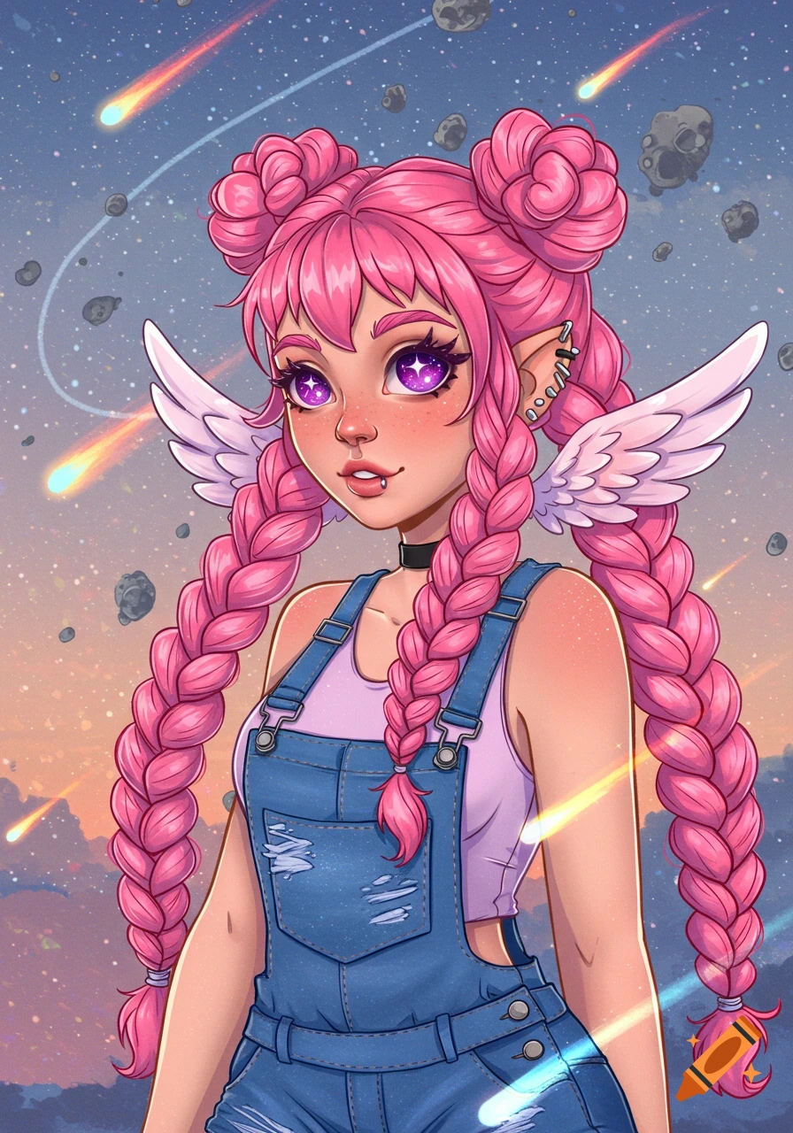 Vibrant anime girl with pink braided hair, star eyes, and ear wings, wearing overalls, against a cosmic sky with meteors.