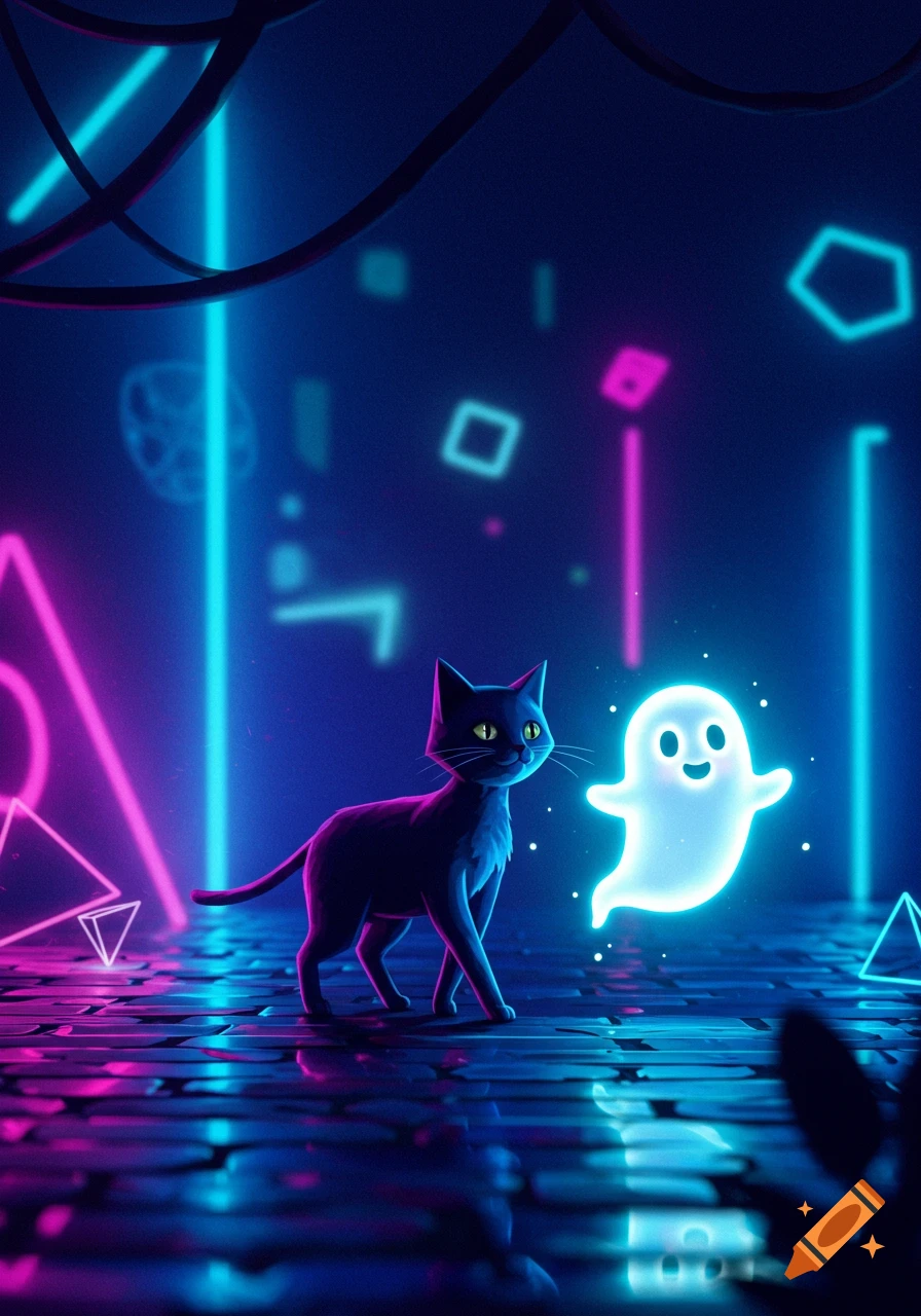 A dark stylized cat with green eyes looks at a glowing white ghost in a neon pink and blue cyberpunk landscape.