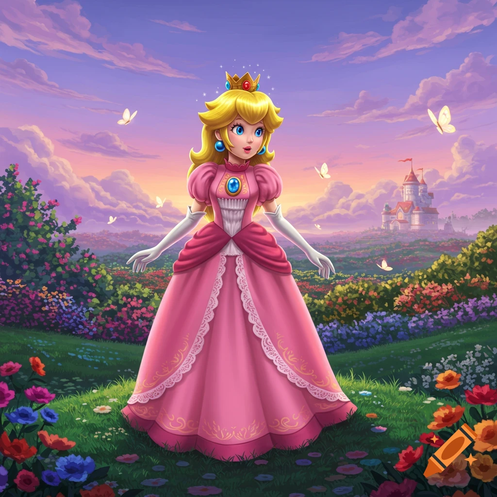 Princess Peach in a pink gown stands in a vibrant flower field at sunset, with a castle in the distance, illustration.