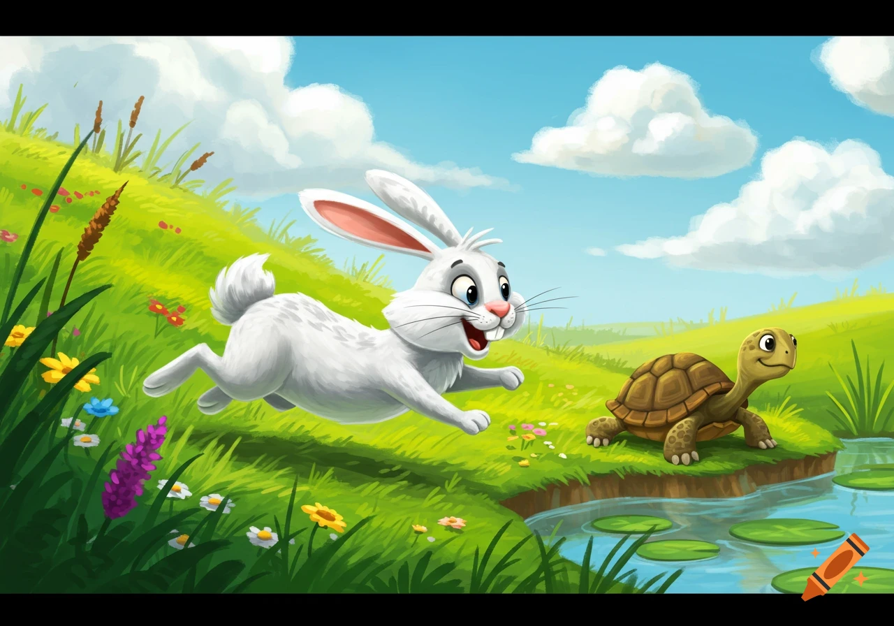Vibrant cartoon illustration of a white rabbit leaping over a grassy hill past a smiling turtle by a pond.