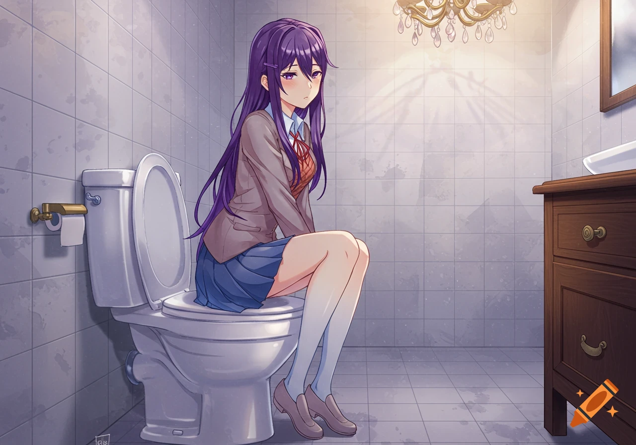 Anime art of Yuri from Doki Doki Literature Club sitting on a toilet in a bathroom.