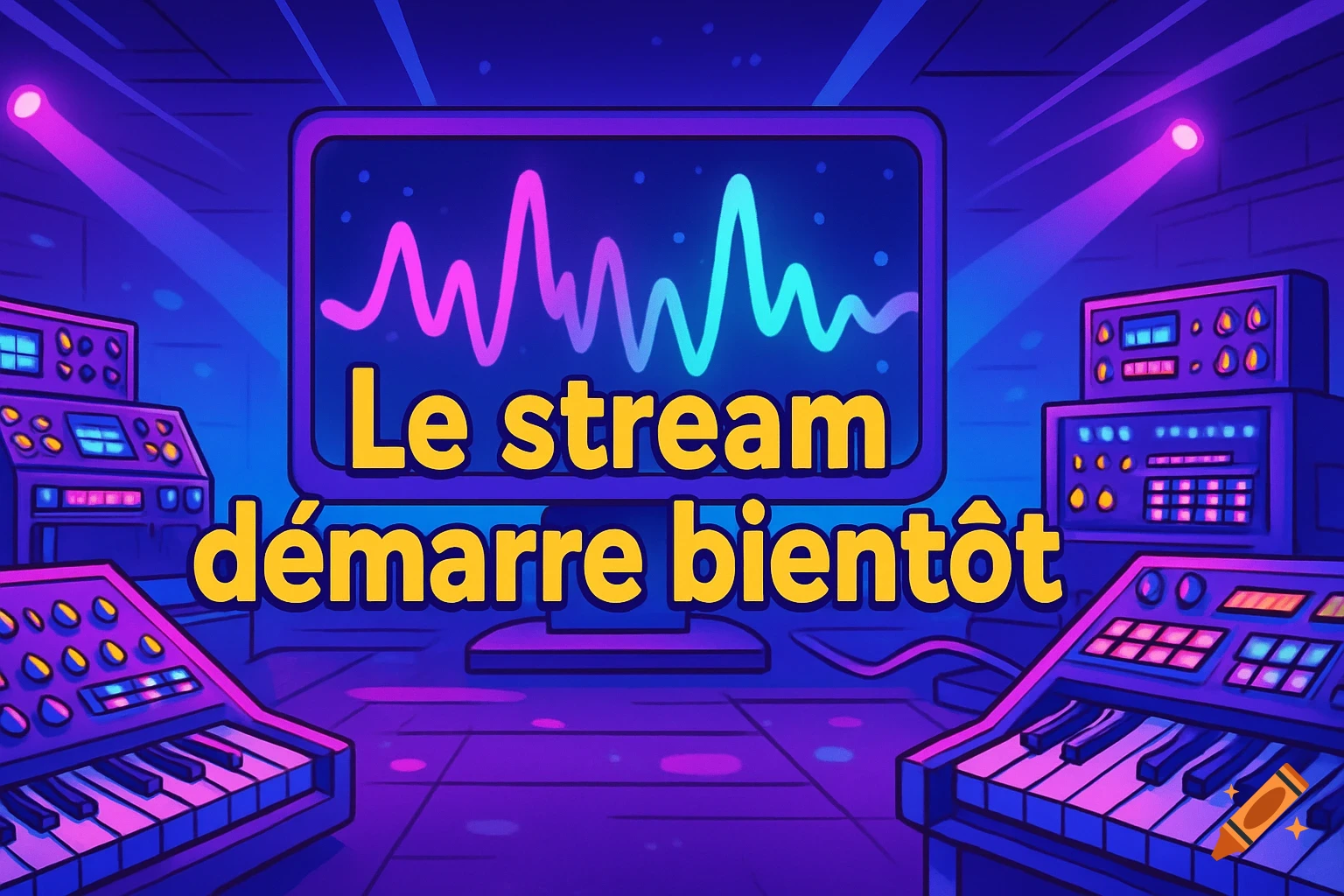 A vibrant cartoon futuristic music studio with glowing synthesizers, an equalizer screen displaying sound waves, and neon lighting. Text reads "Le stream démarre bientôt" (The stream starts soon).