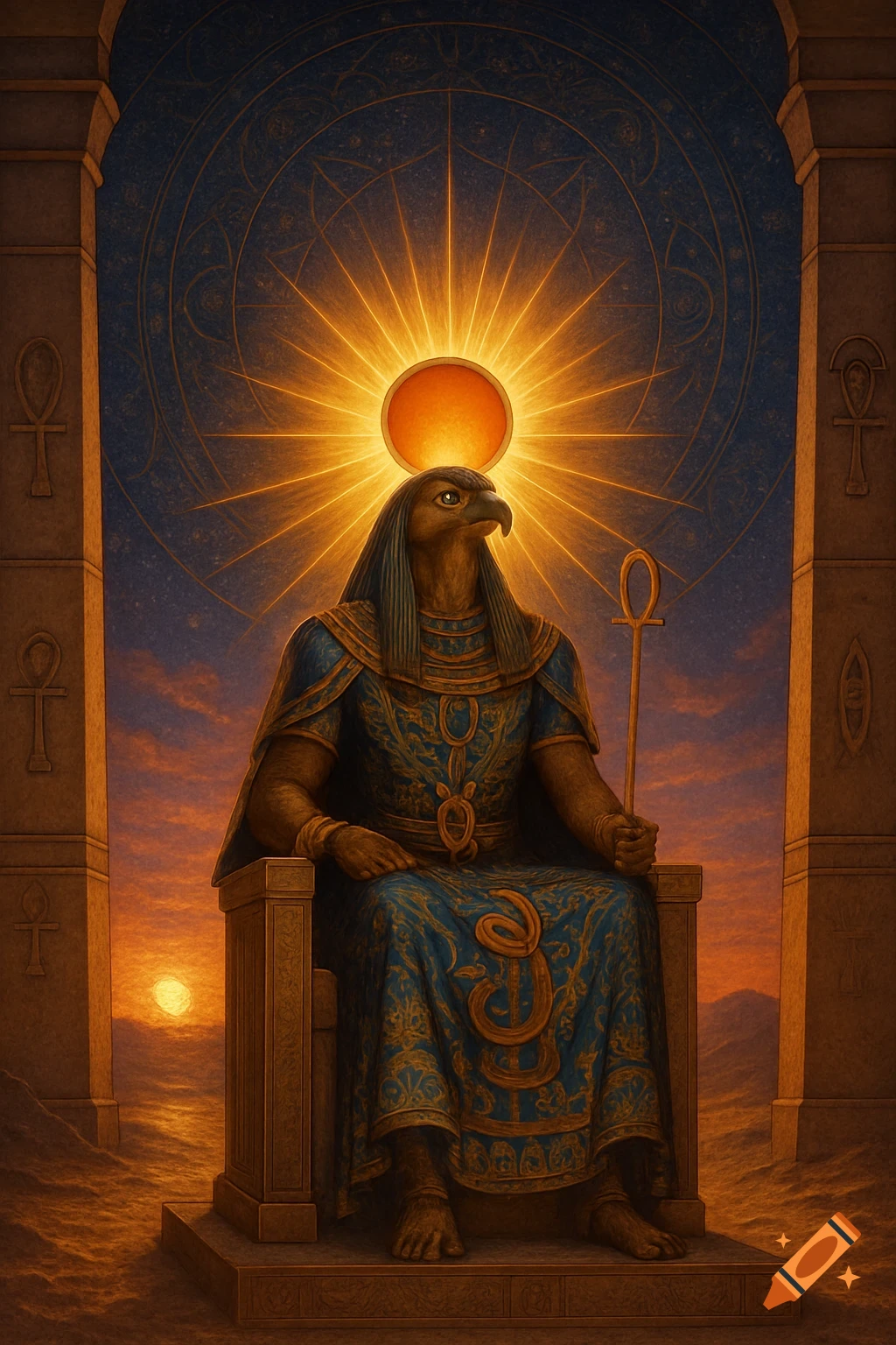 An ancient Egyptian hawk-headed god, Ra or Horus, sits regally on a throne with a sun disk above his head, flanked by pillars with ankh symbols at sunset.