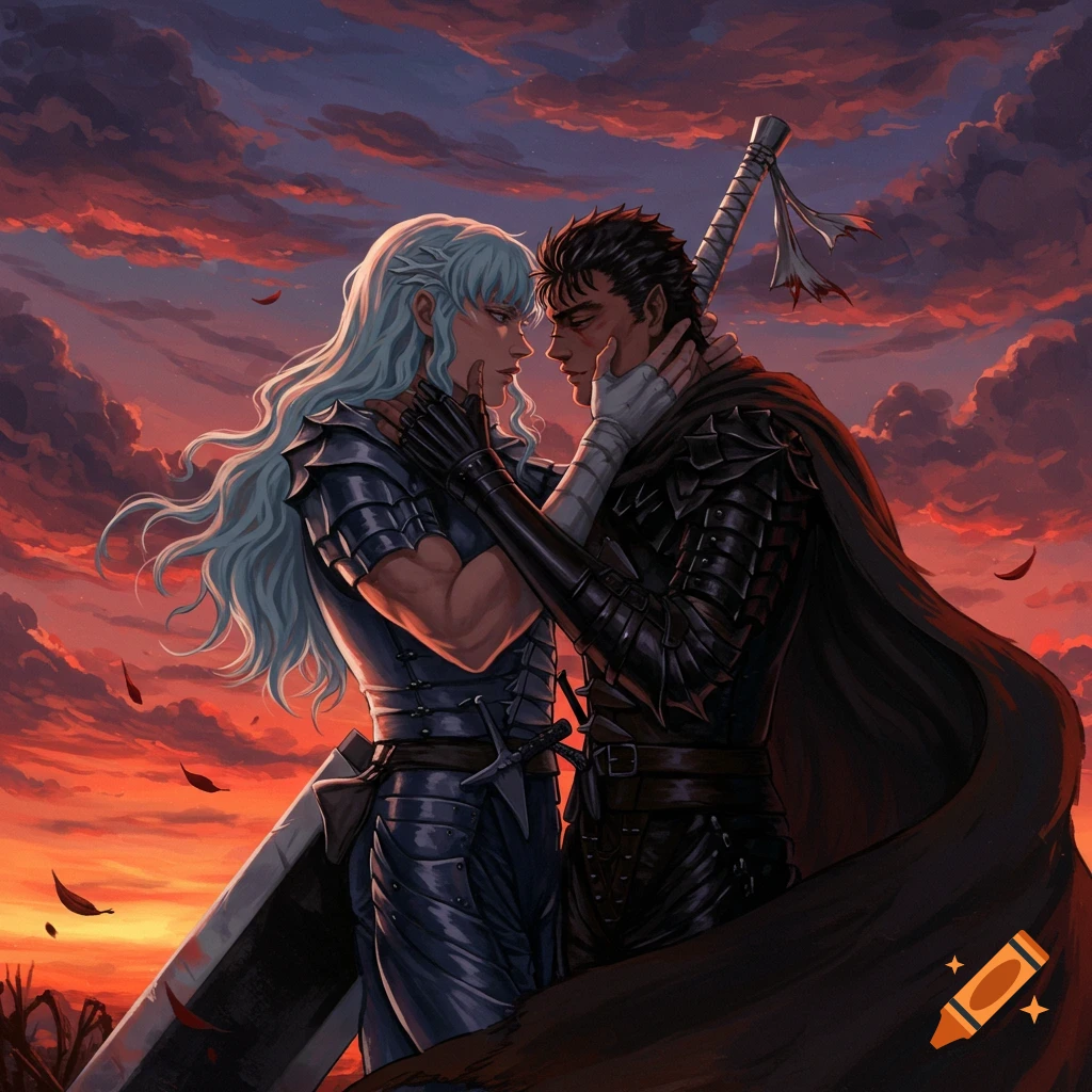 Anime illustration of Griffith and Guts from Berserk, intimately gazing at each other against a vibrant sunset.