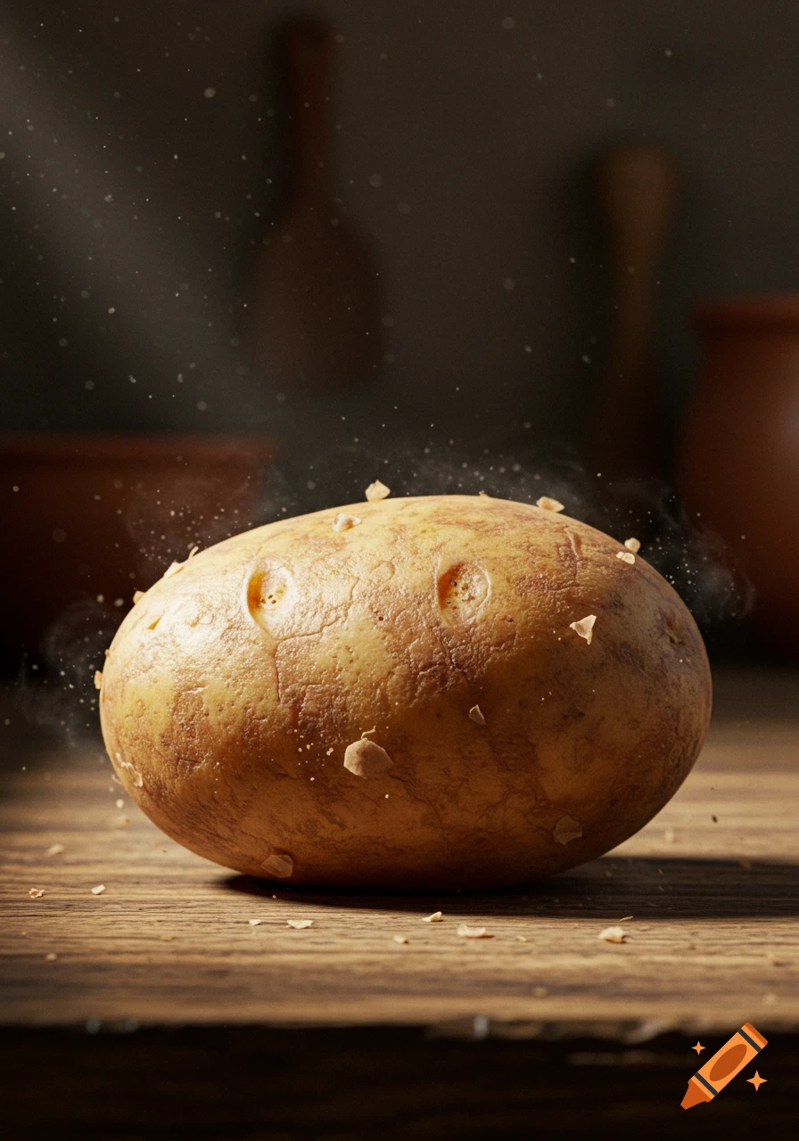 Photorealistic close-up of a potato on a wooden table, with steam and flakes rising, against a dark background.