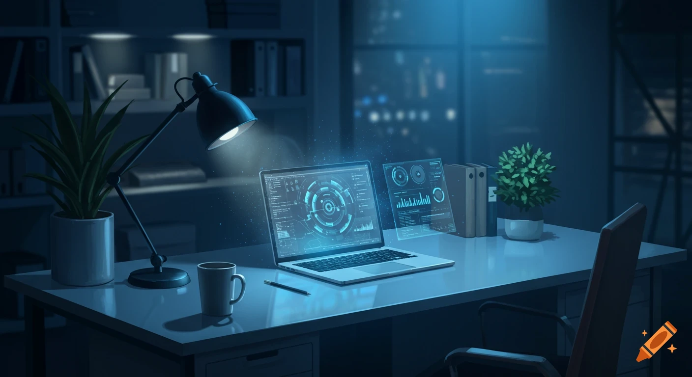 A laptop on a desk displaying glowing blue data visualizations, with a desk lamp, mug, and plants in a dimly lit office at night.