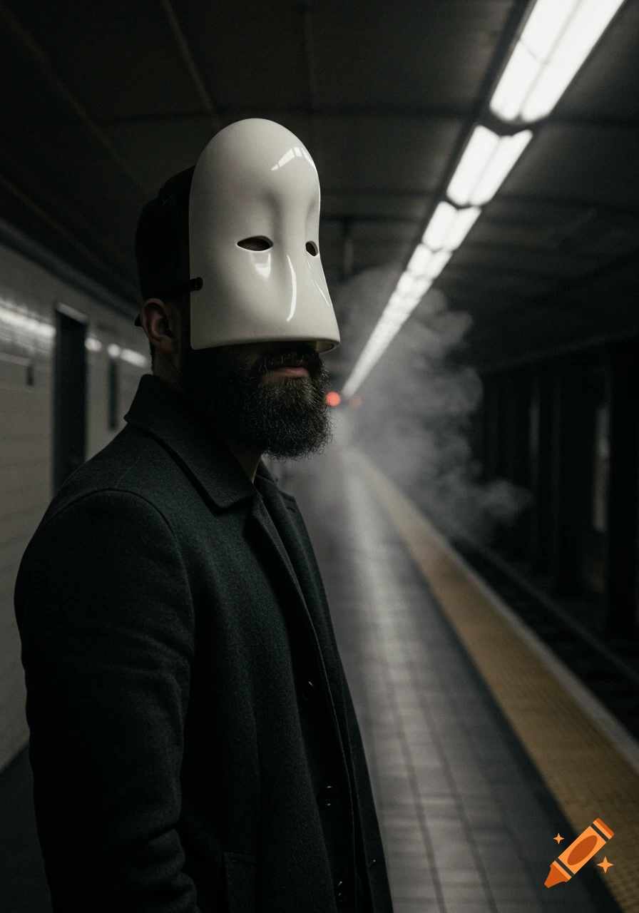 Photorealistic image of a bearded man wearing a white, oblong mask on a dark subway platform with smoke.