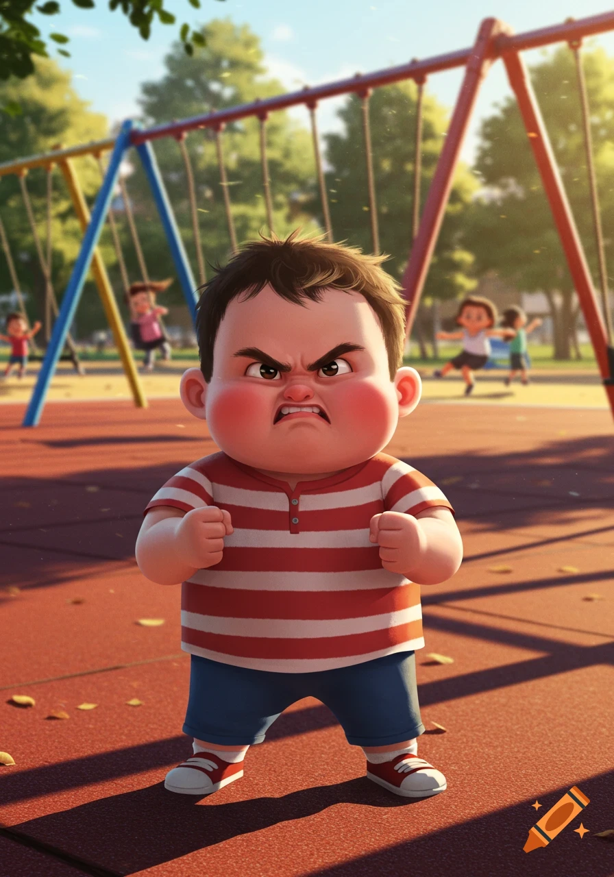 An angry cartoon boy with red cheeks and a striped shirt stands in a sunny playground, hands clenched, with other children in the background.