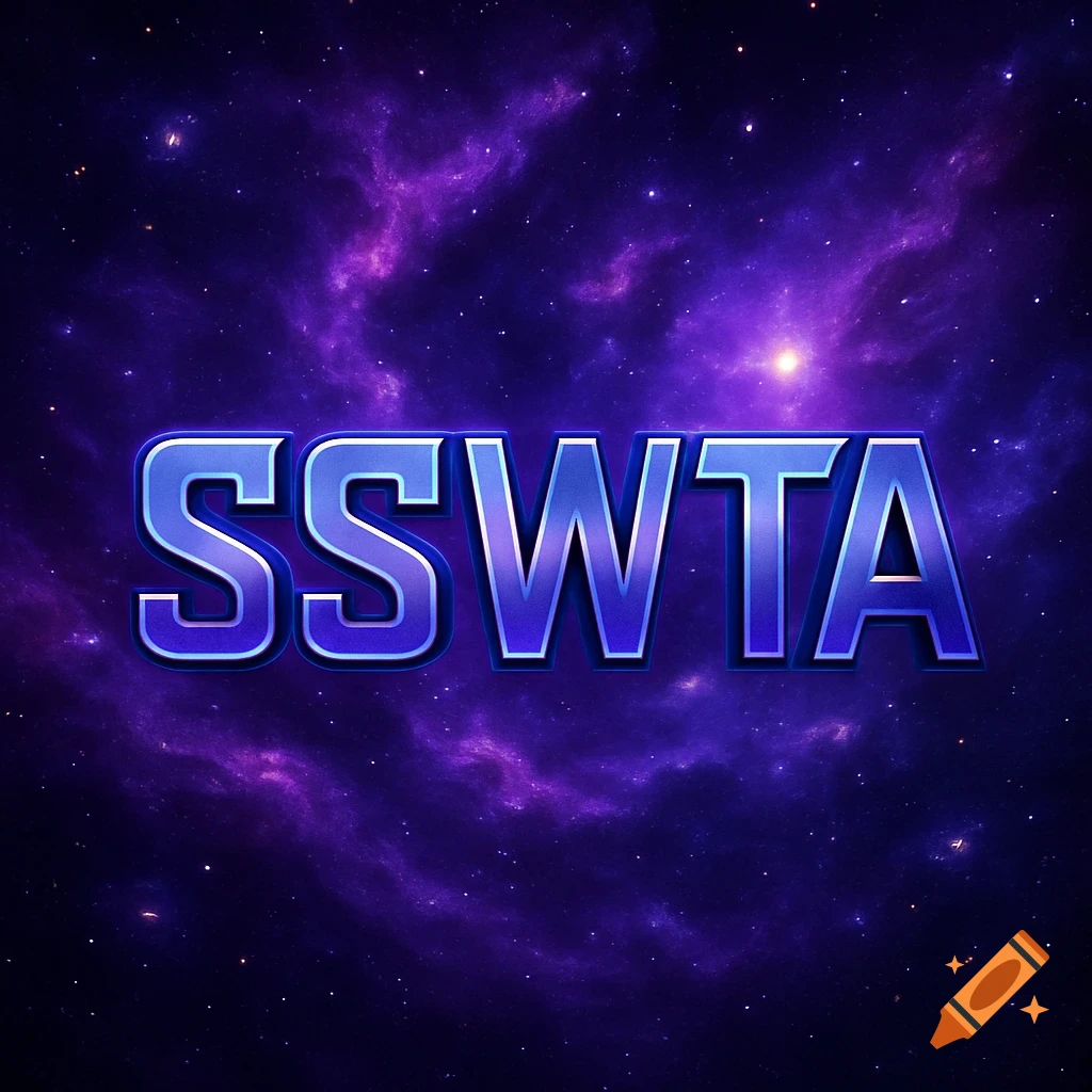 The letters 'SSWTA' in blue and purple metallic 3D font against a vibrant purple galaxy background with stars.