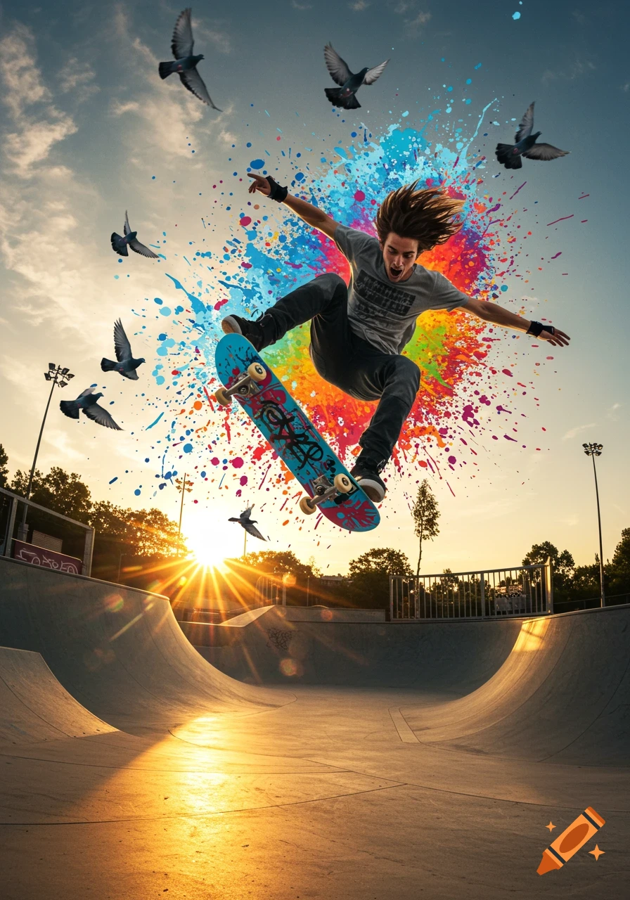 A male skateboarder jumps high with his board, surrounded by colorful paint splatters and flying birds, in a skate park at sunset.