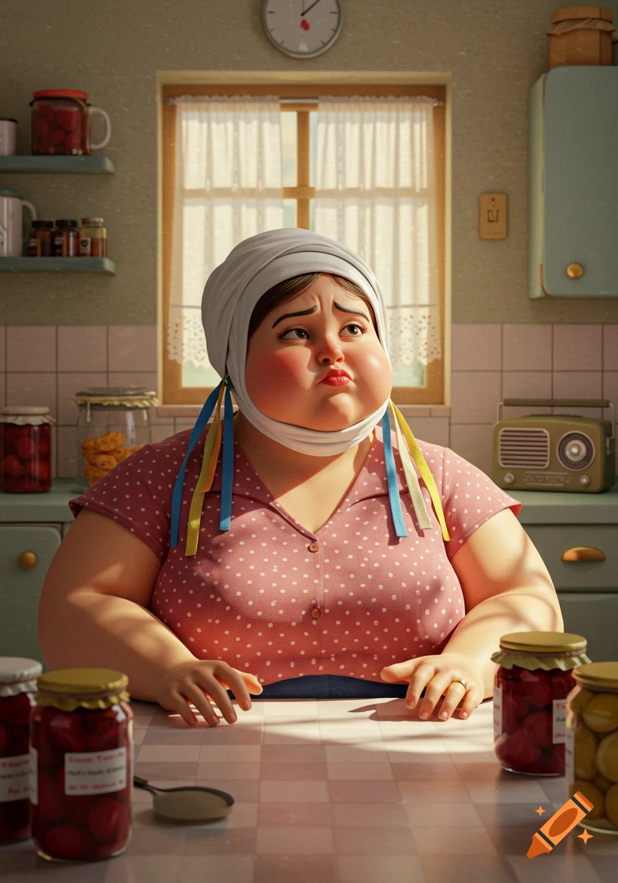 A portly cartoon woman with a white head wrap and colorful ribbons sits at a kitchen table filled with jars of preserves, looking worried.