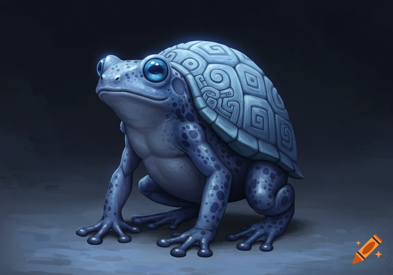 A stylized blue frog with dark spots and large light blue eyes sits on all fours, wearing a light blue turtle shell with geometric carvings.