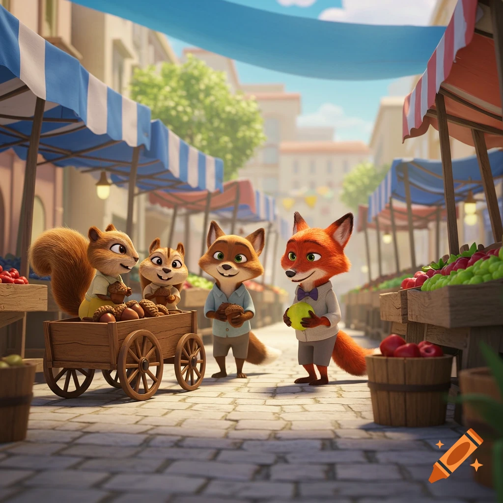 Pixar style image of two squirrels with a cart of nuts and two foxes with fruit at a bustling outdoor market.