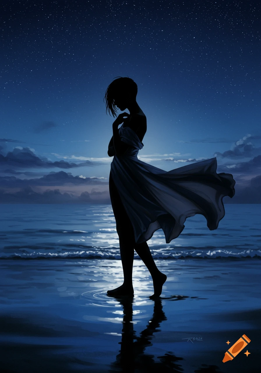 Silhouette of a woman in a flowing dress standing in shallow ocean water at night under a starry sky, digital art.