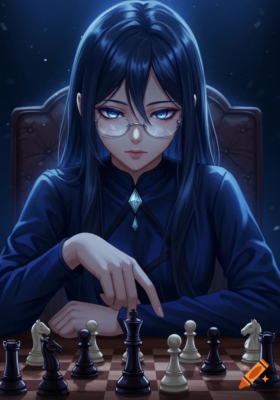 Anime-style girl with long dark hair, glasses, and glowing blue eyes intensely pointing at a chess piece on a chessboard.