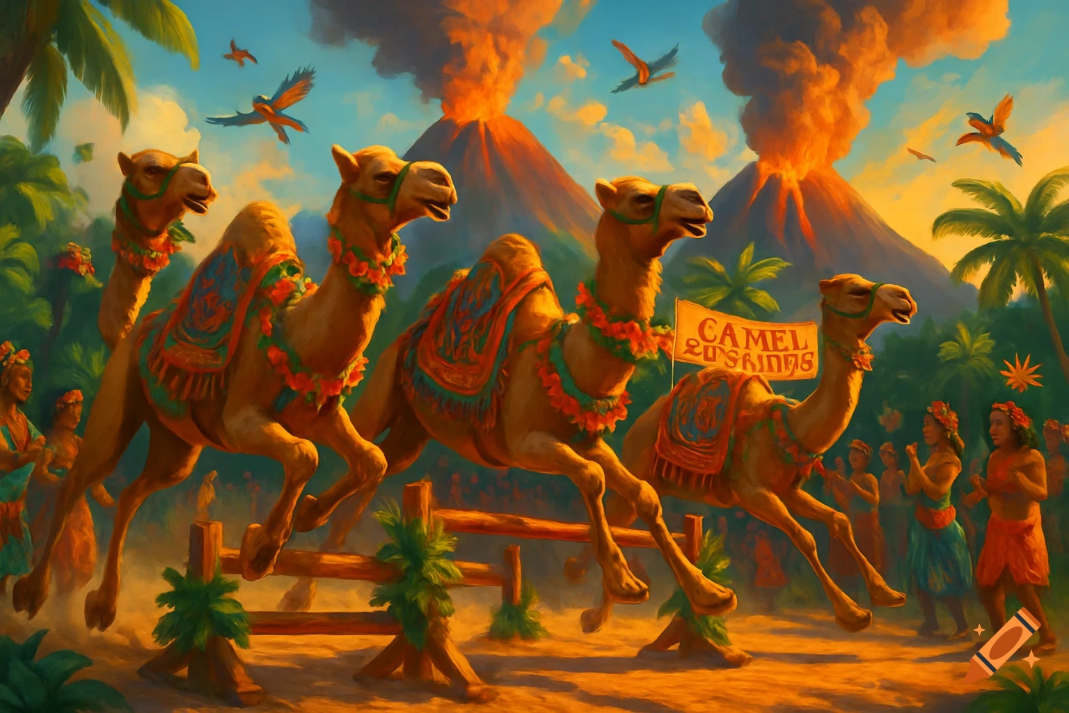 Stylized painting of camels jumping hurdles in a tropical volcano landscape, watched by cheering Polynesian people and parrots.