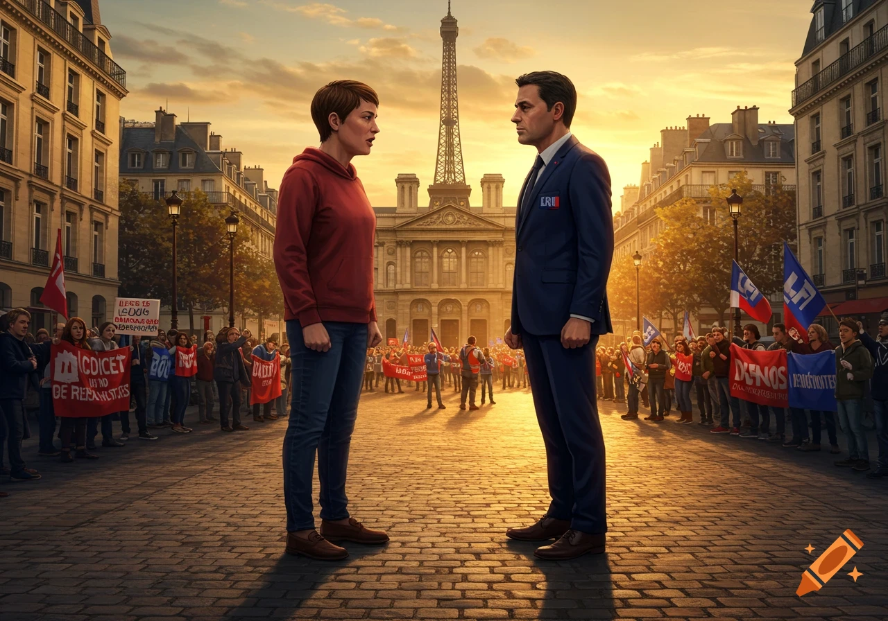 Photorealistic image of a woman in a red hoodie and a man in a suit facing each other in a Parisian street with the Eiffel Tower in the background, as crowds of protestors with signs gather behind them.