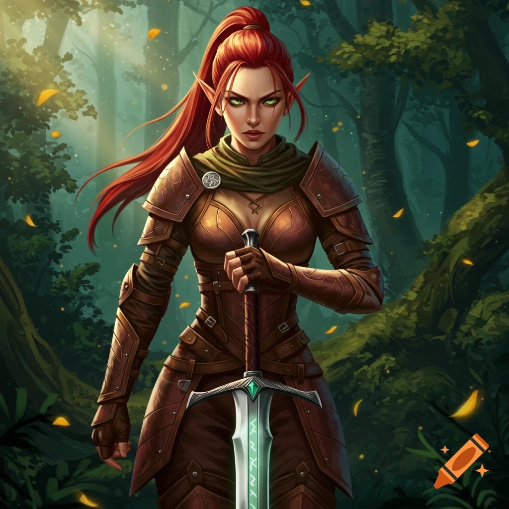 A red-haired elf warrior woman with a ponytail, wearing brown leather armor, stands in a forest holding a sword with glowing runes.