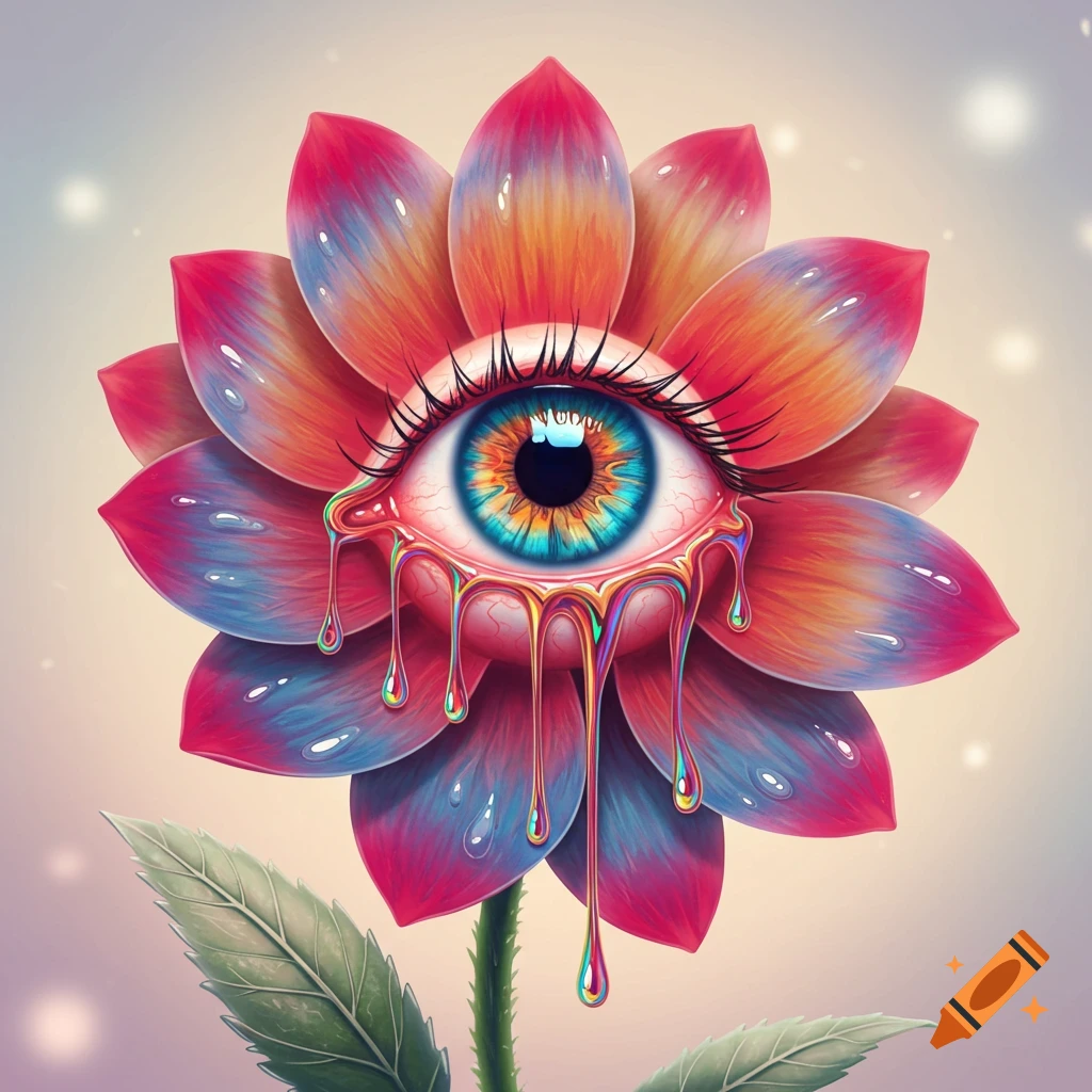 A vibrant, surreal flower with a blue and orange eye in its center, melting with colorful drips.