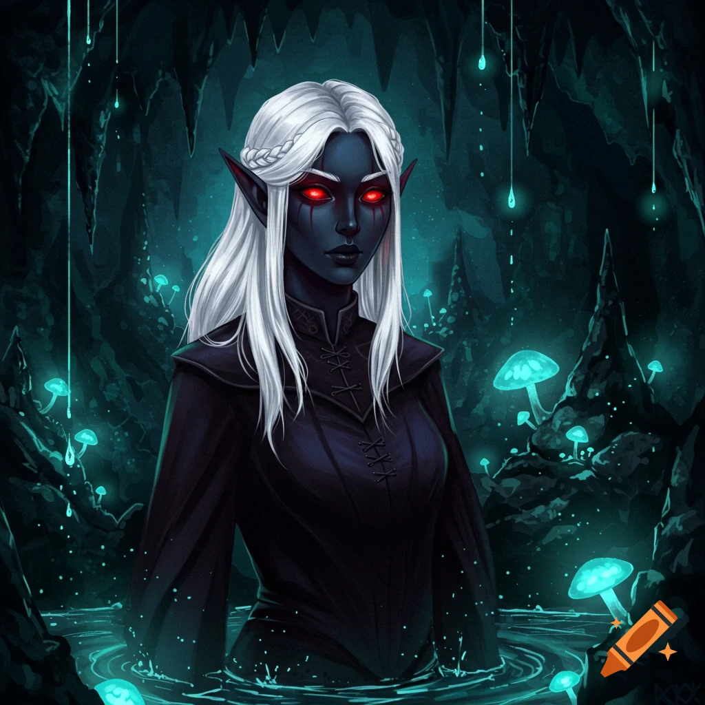 A dark-skinned drow elf with long white hair, a braid, and glowing red eyes stands in a subterranean pool surrounded by bioluminescent mushrooms in a dark cave.